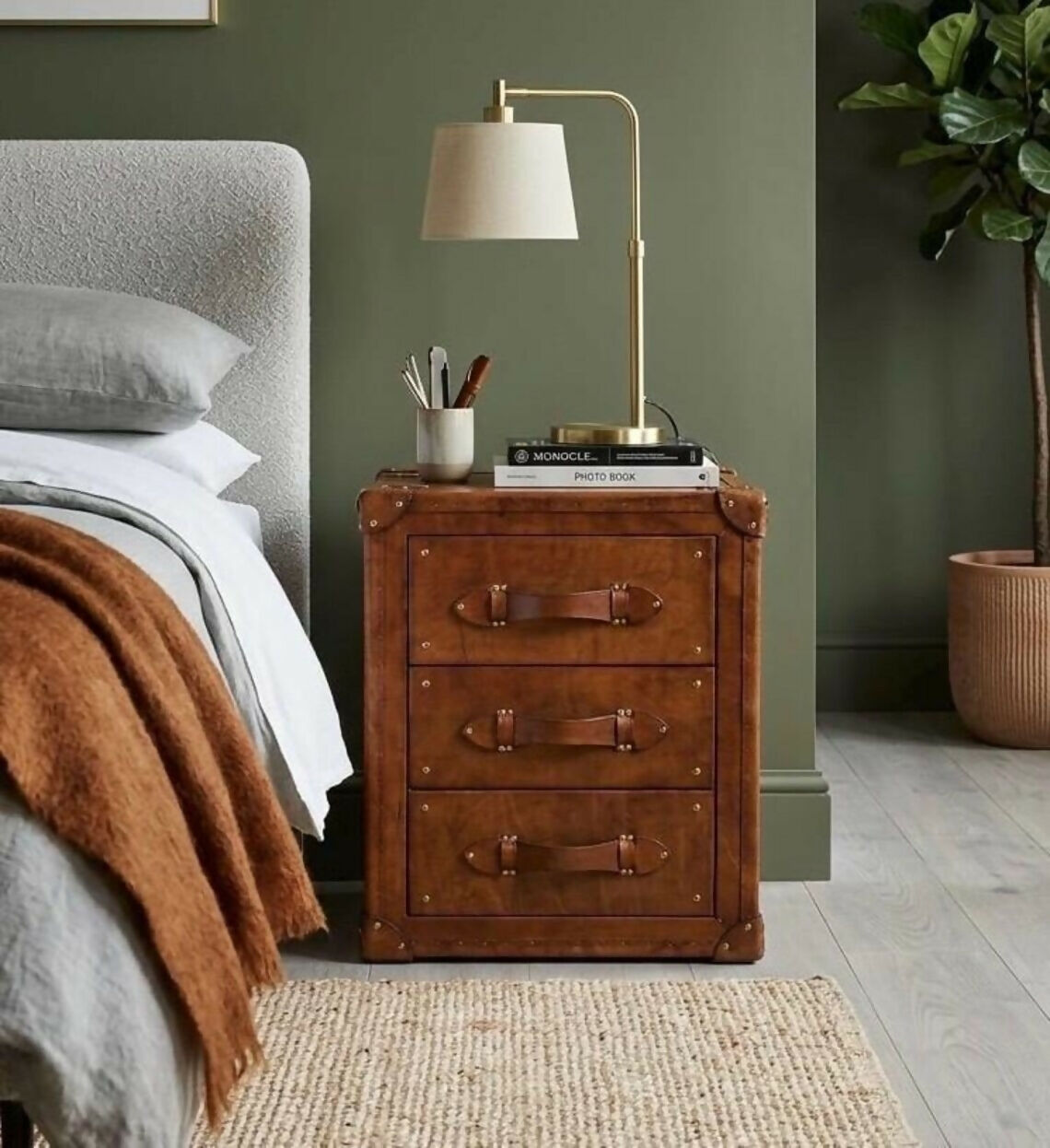 English handmade luxury leather vintage nightstands - matching pair