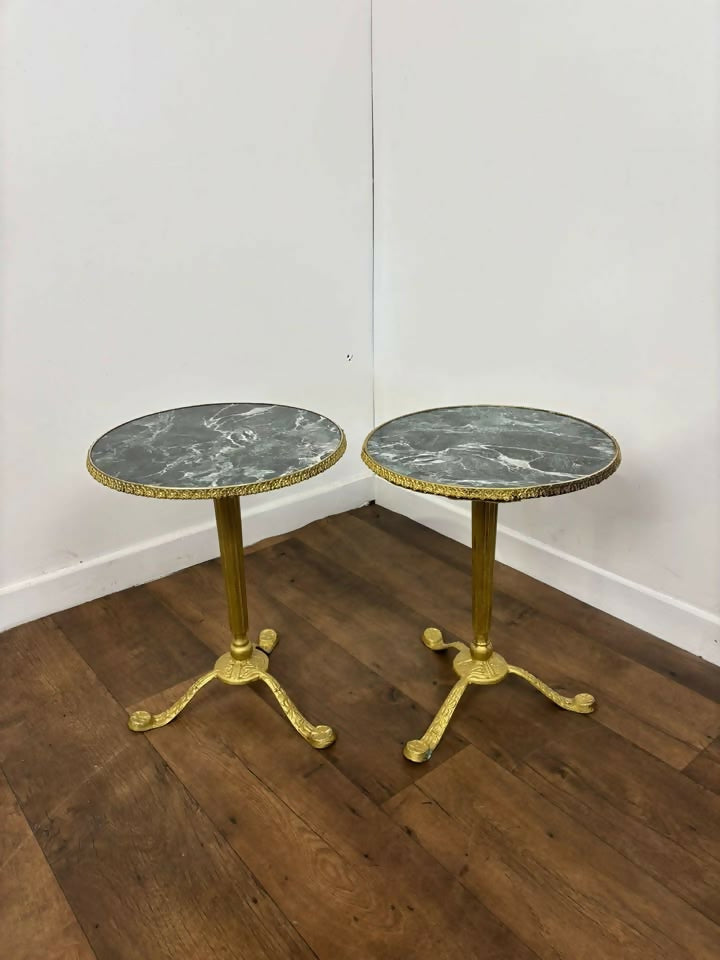 Pair of Circular Gilt Based Tripod Wine Tables with Faux Marble Tops