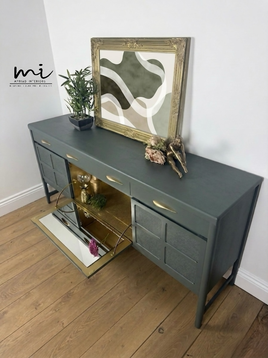 Refinished Mid Century Deep Olive Green Large Nathan Sideboard with drinks cabinet