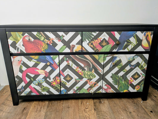 Solid Oak Vintage Sideboard Upcycled Painted Black. Animal Bird Geometric Print