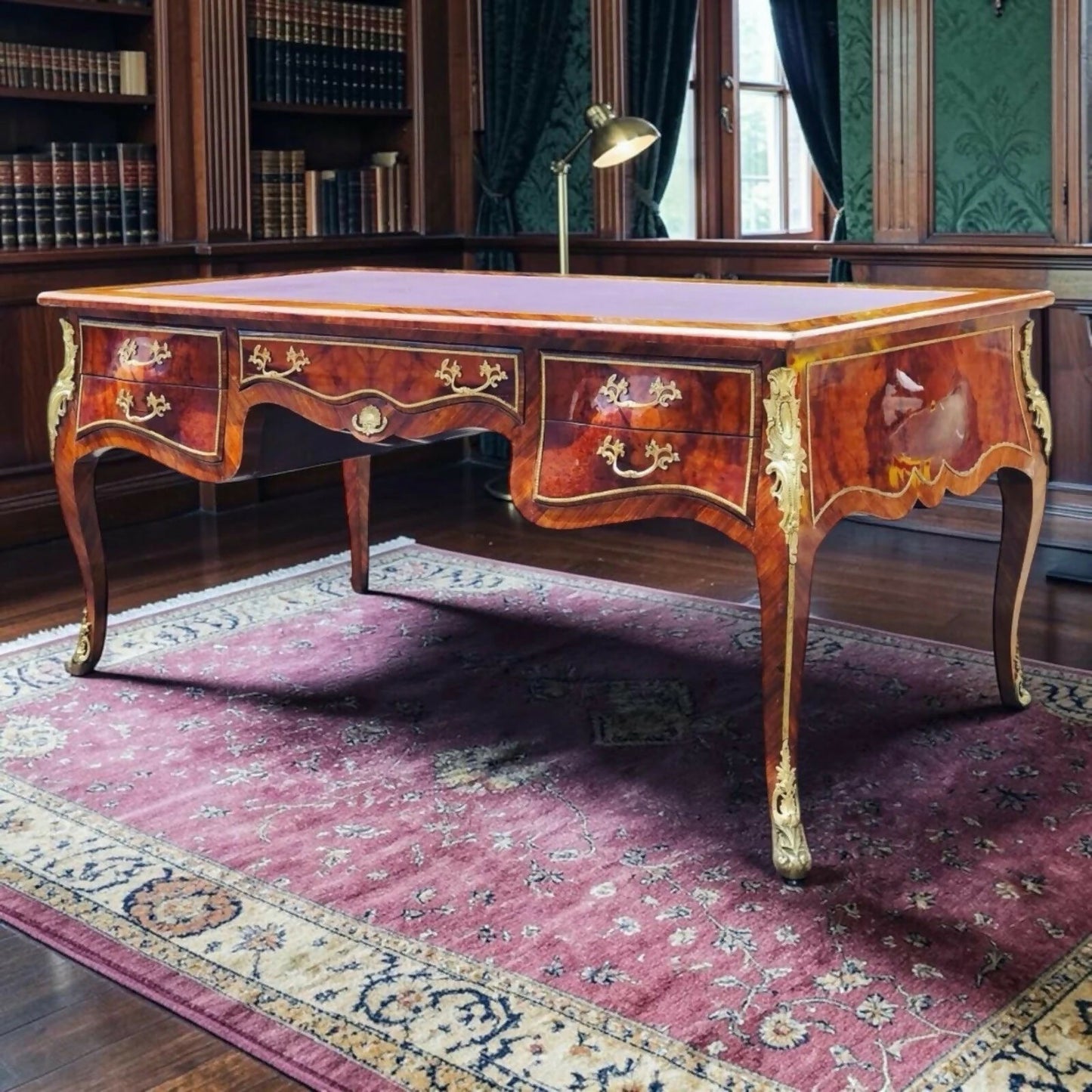 Large Presidential Desk, Inlaid Kingswood With Brass Decoration, Impressive.