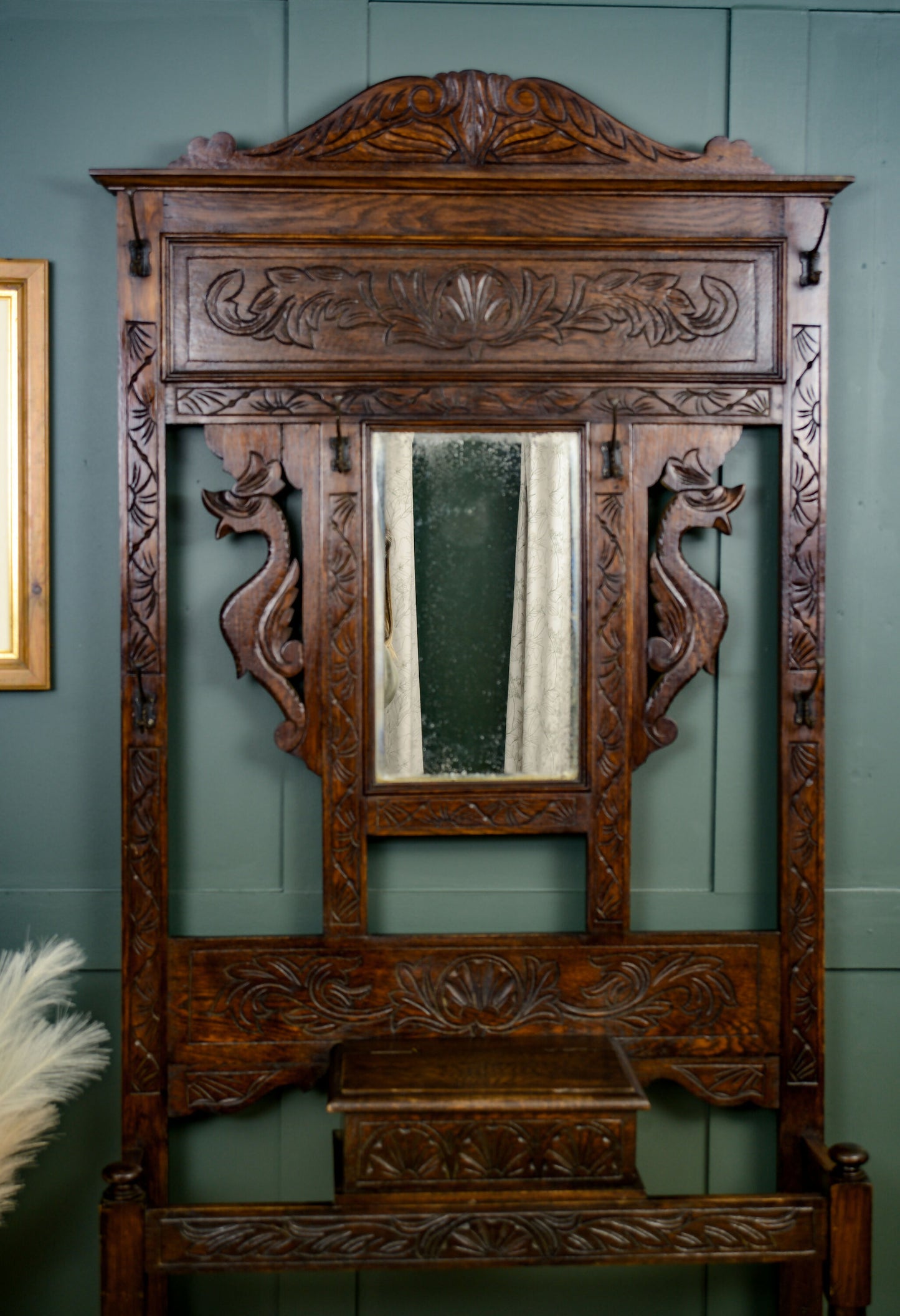 Antique Oak Hall Stand with Seahorse Carvings