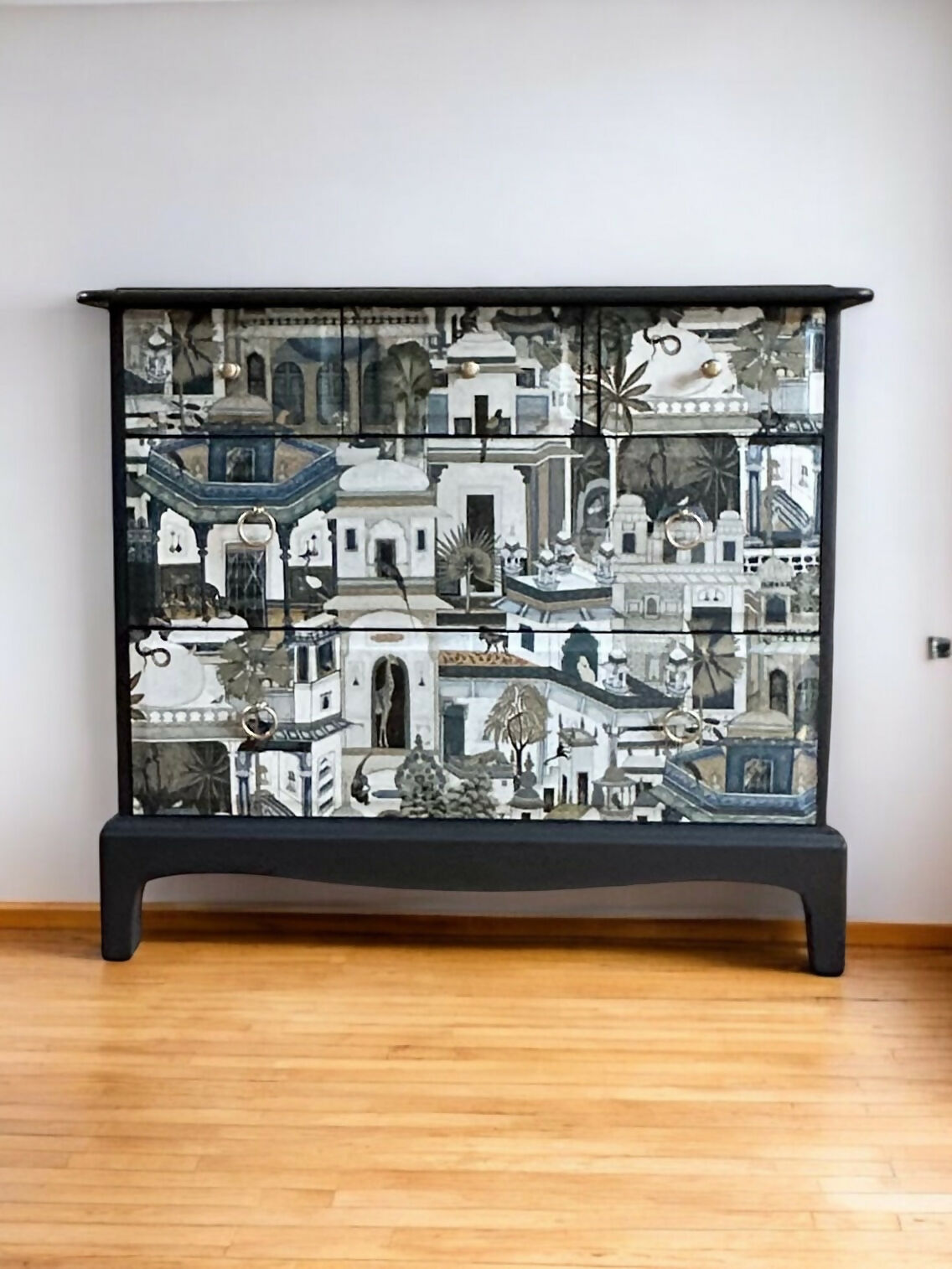 Chest of Drawers. Mid Century Modern. Stag Minstrel. Handpainted and decoupaged.