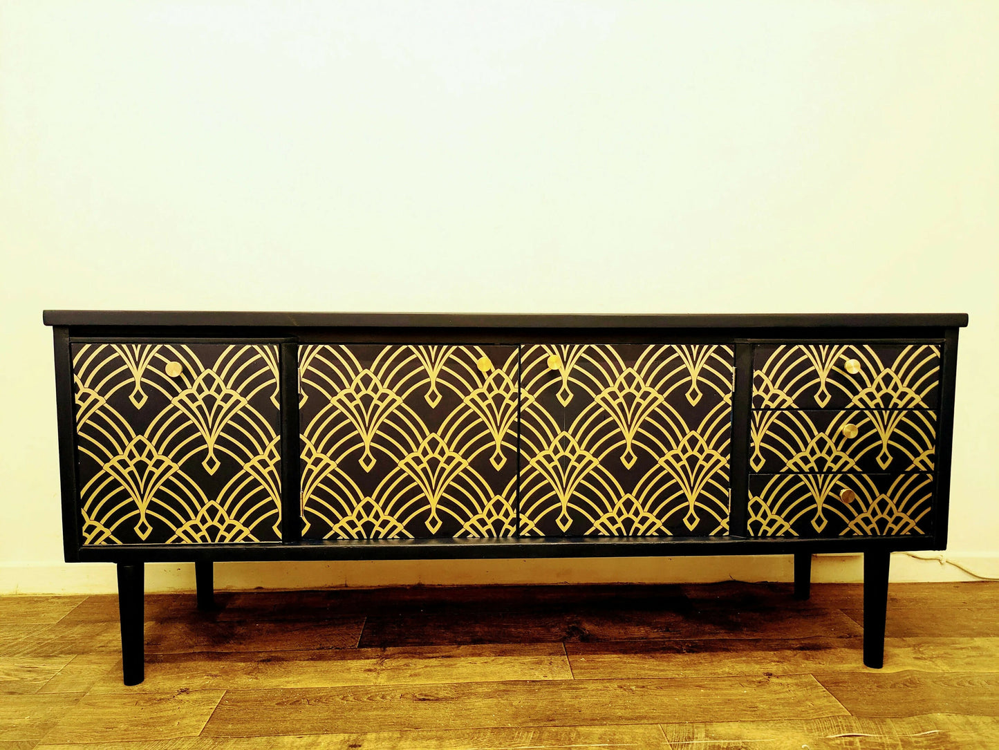 Vintage Midcentury Teak Sideboard: Navy & Gold Art Deco Cabinet