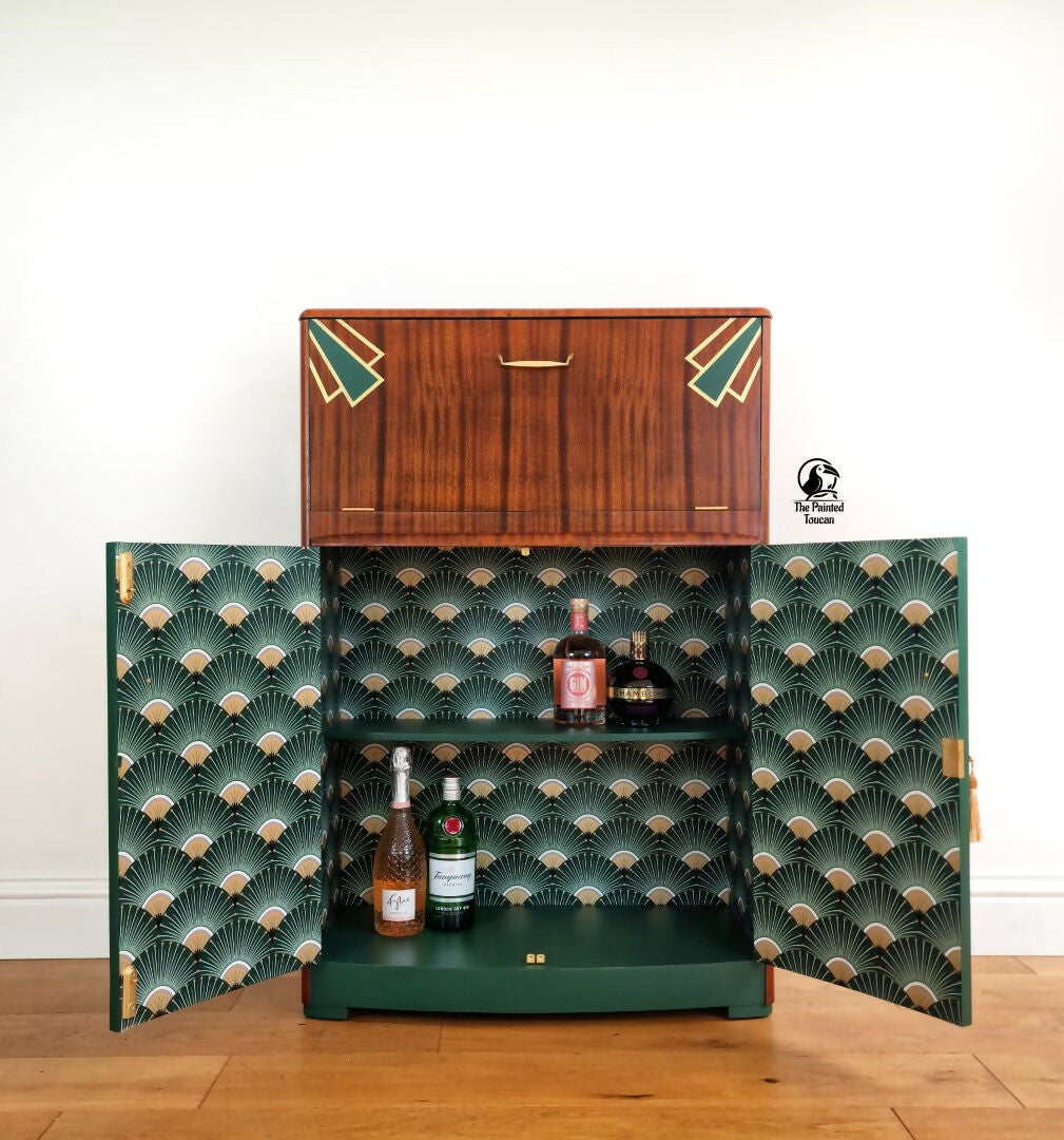 Art Deco Cocktail Cabinet | Green & Gold | Restored Vintage Drinks Cabinet