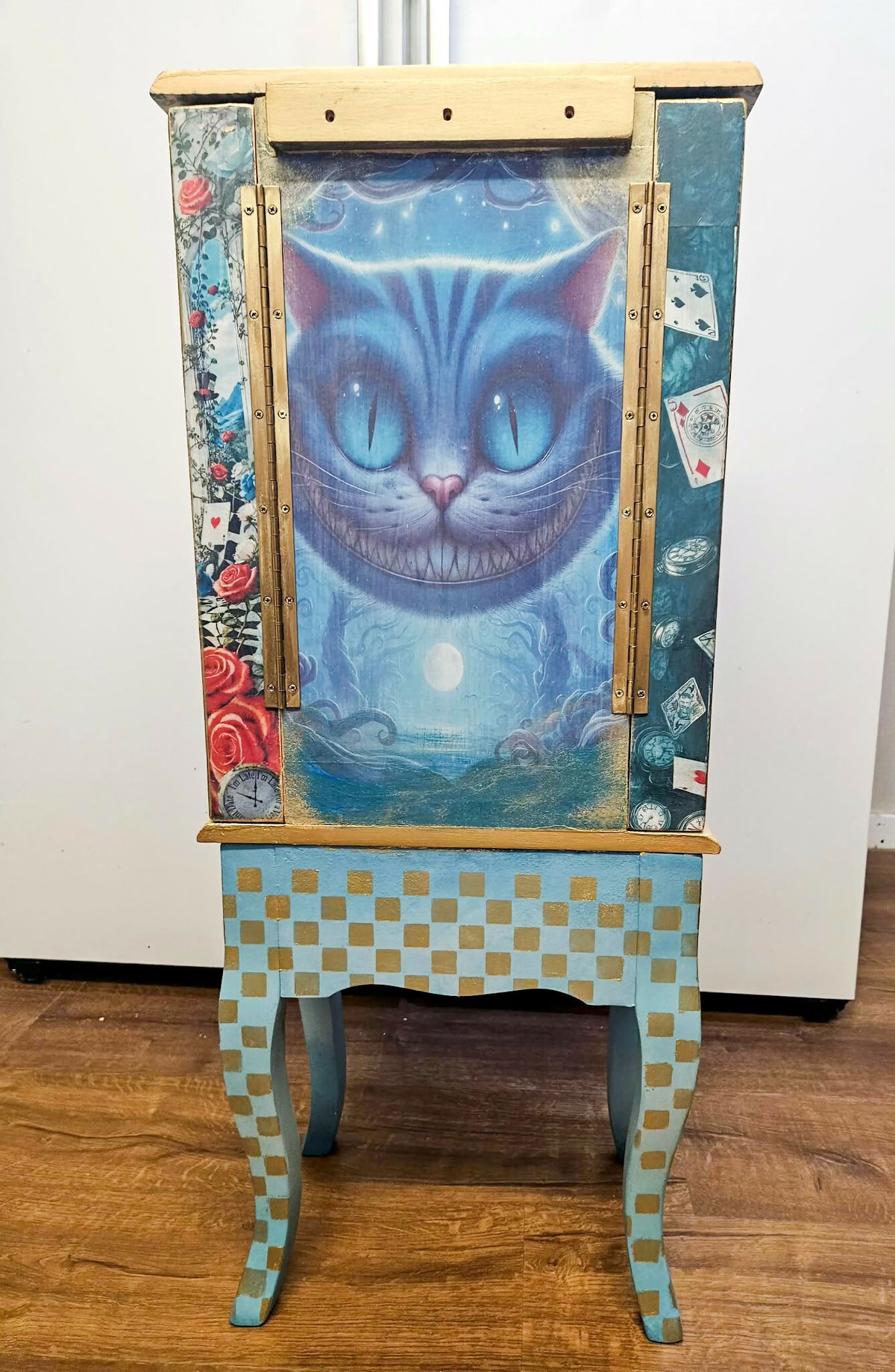 Hand painted and Decoupaged Alice in Wonderland Jewellery Armoire, whimsical vintage jewellery cabinet