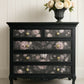 SOLD - Upcycled French Style Chest of Drawers: Black Floral Dresser with Gold Pulls