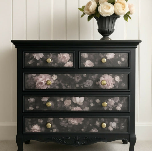 SOLD - Upcycled French Style Chest of Drawers: Black Floral Dresser with Gold Pulls