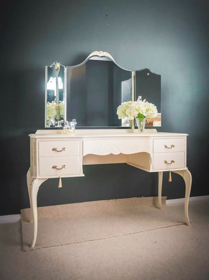 Upcycled French style vintage Cream Dressing Table, vanity with large triple mirror and gold details,
