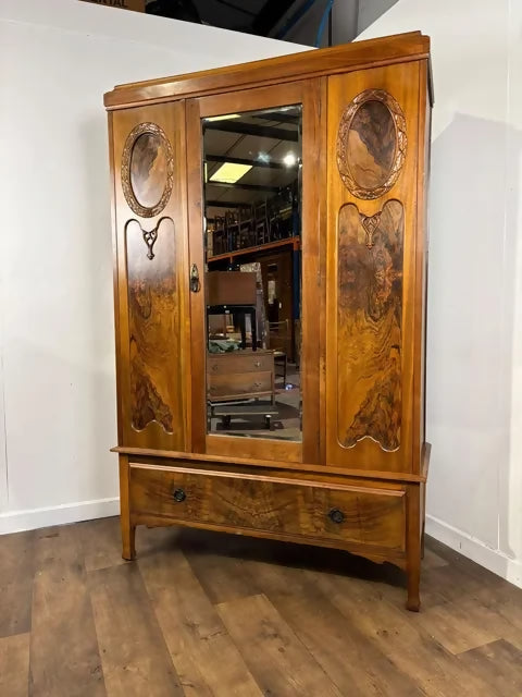 Edwardian Walnut Single Door Mirrored Wardrobe with Carved Panels