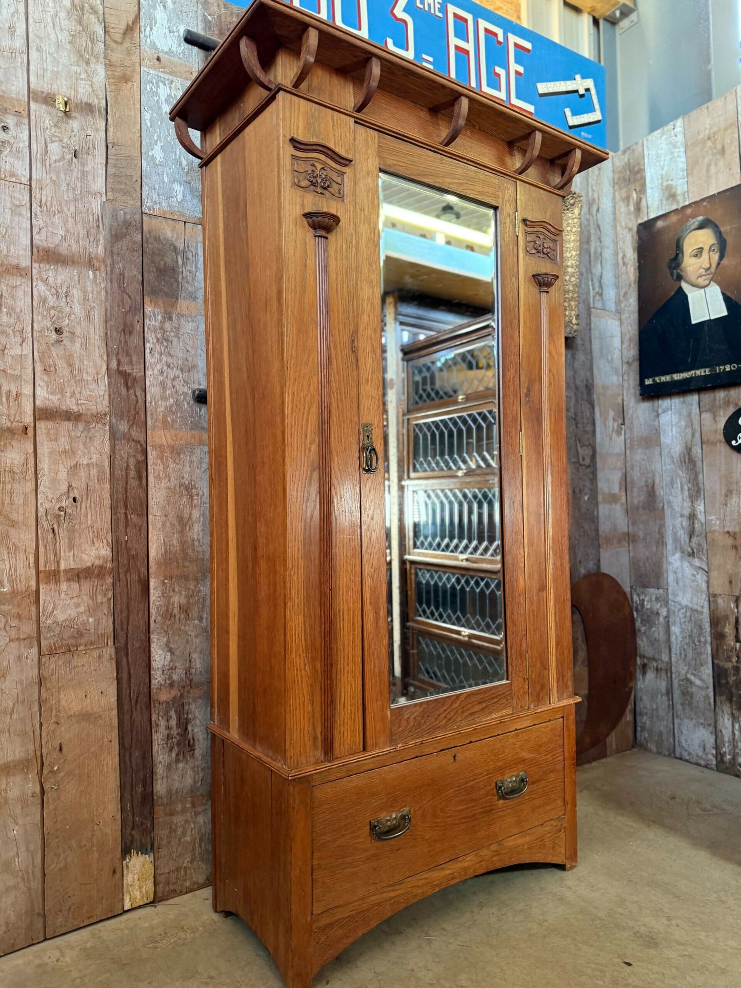 Antique Oak Art Nouveau Arts Crafts Mirrored Wardrobe, Shapland Petter, c1900