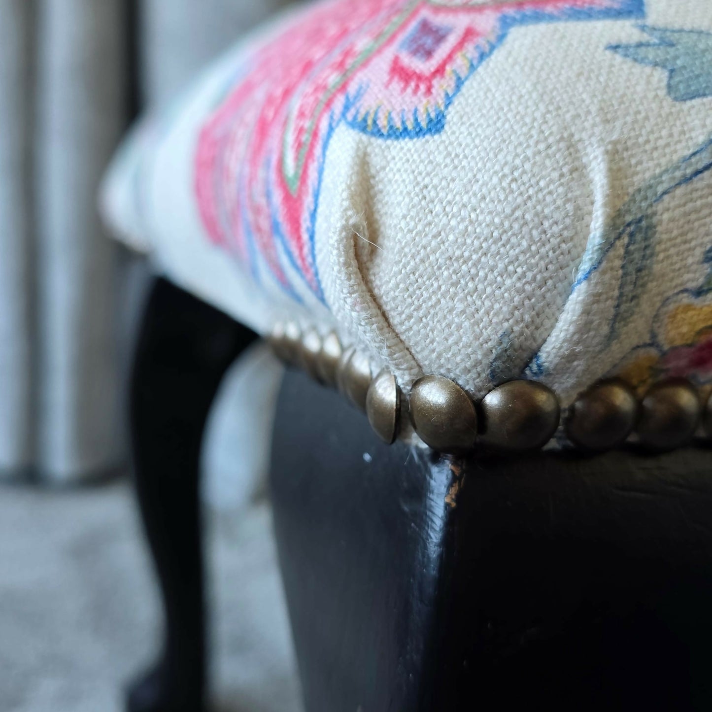 Vintage Footstool Reupholstered in Linwood Linen Wooden Frame & Cabriole Legs.