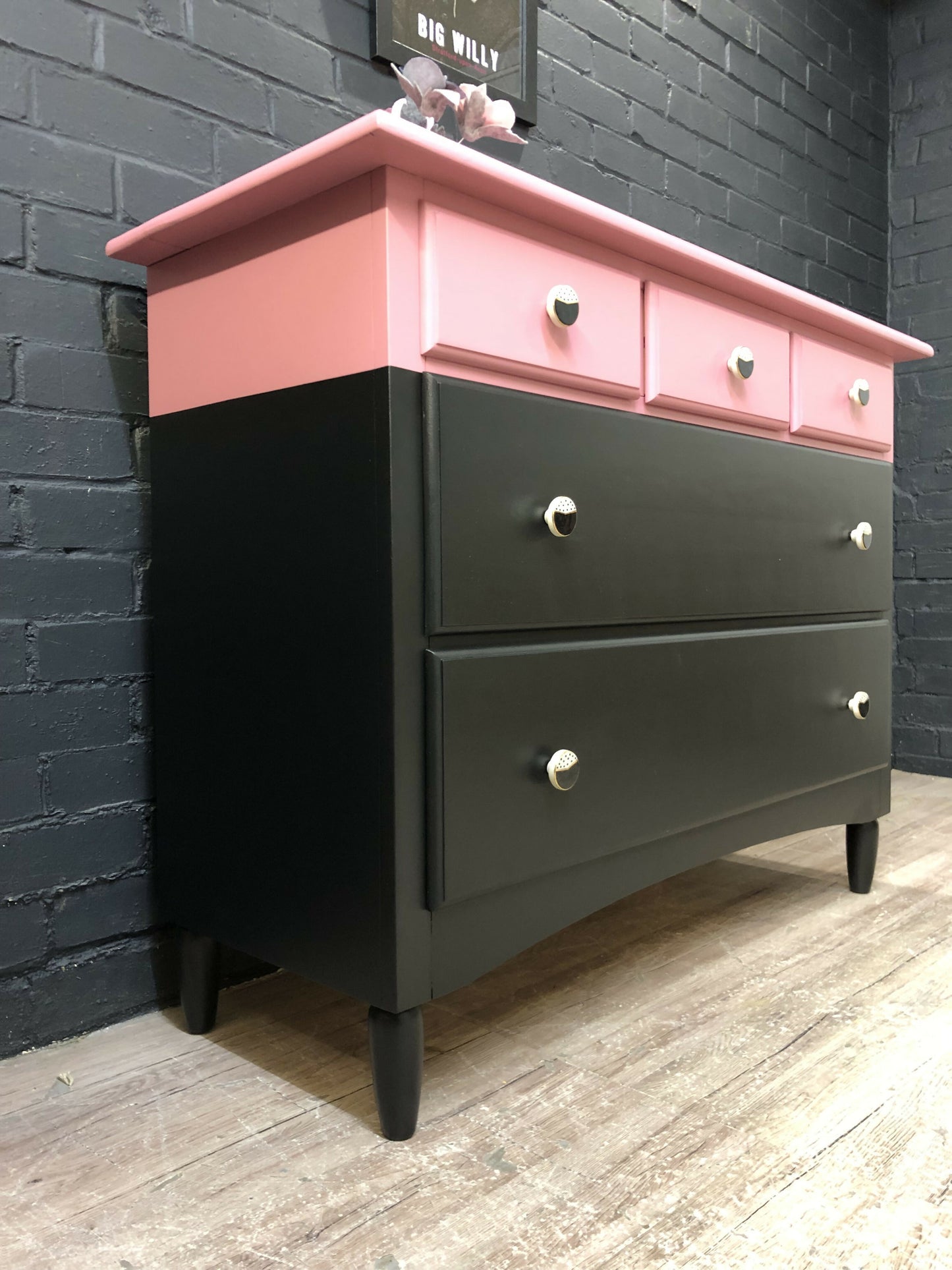 MADE TO ORDER: Upcycled chest of drawers in two-colour combination scheme, black and rasberry pink