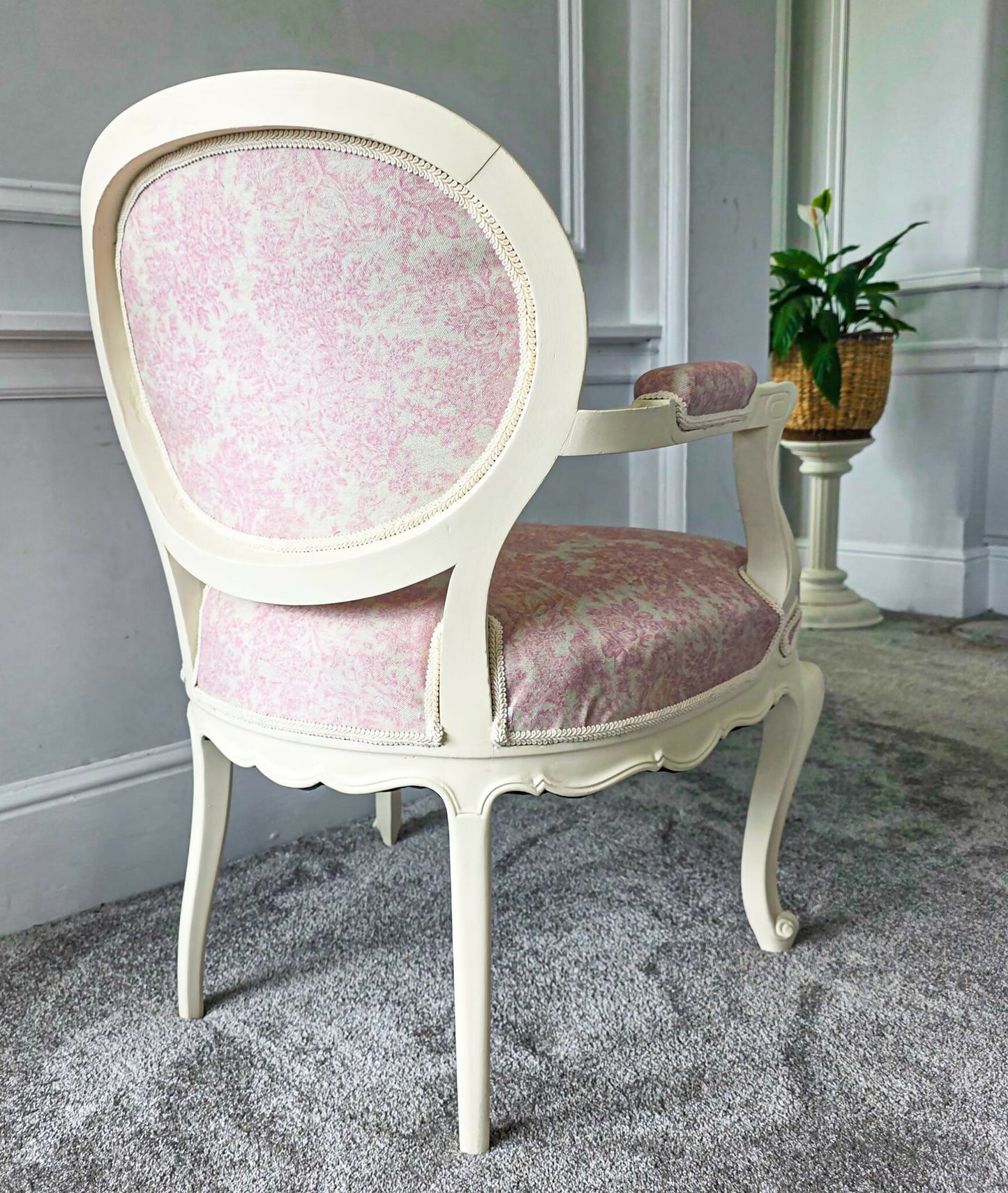 Louis XVl Newly Upholstered Accent Chair, Bergere, Pink Toile Fabric, Cream Painted Frame, Cabriole Legs. Venetian influences.