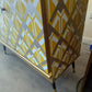 Mid century Upcycled Sideboard: Geometric Yellow Gold Print TV Unit Commission Piece.
