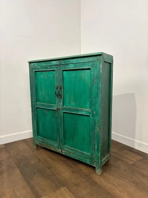 Reclaimed Indian Wood Rustic Green Distressed Cupboard
