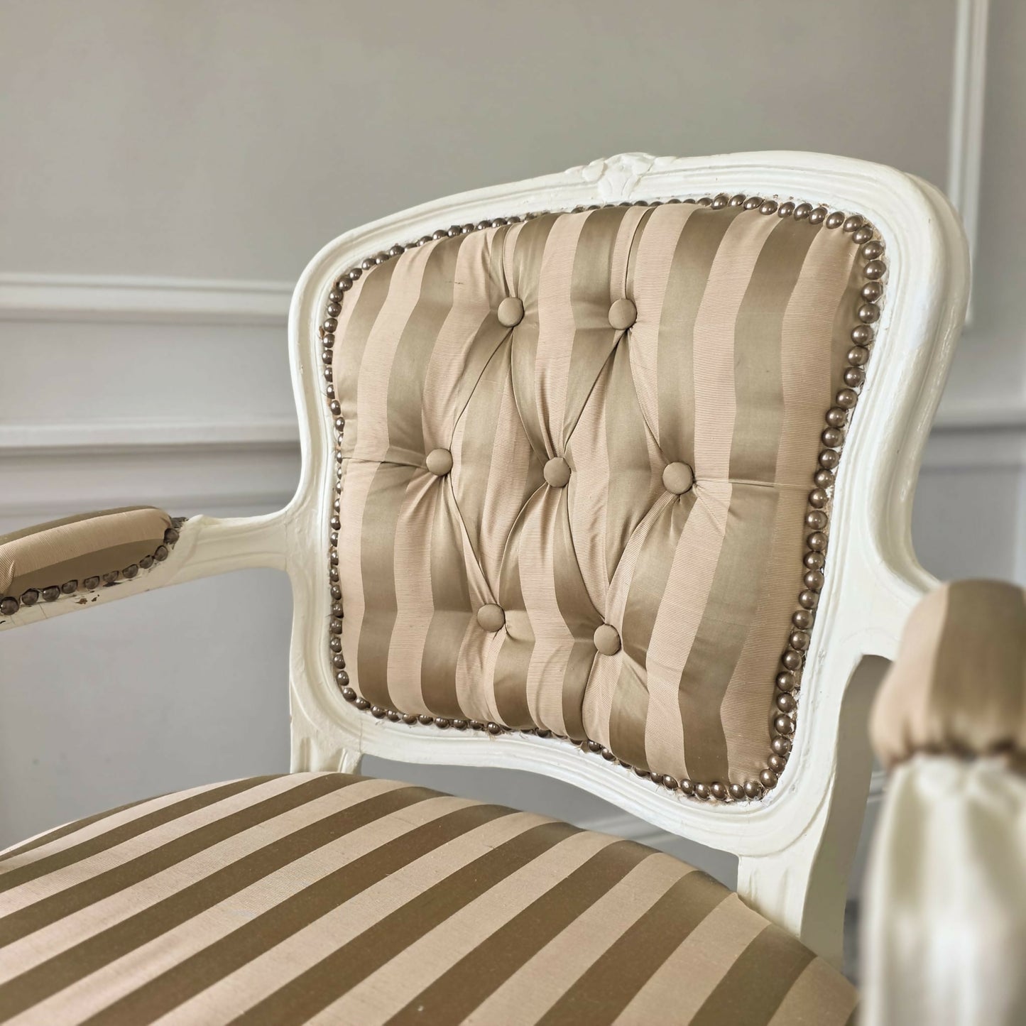 Louis XVl Newly Upholstered Accent Chair Silk Stripe Fabric, White Painted Frame