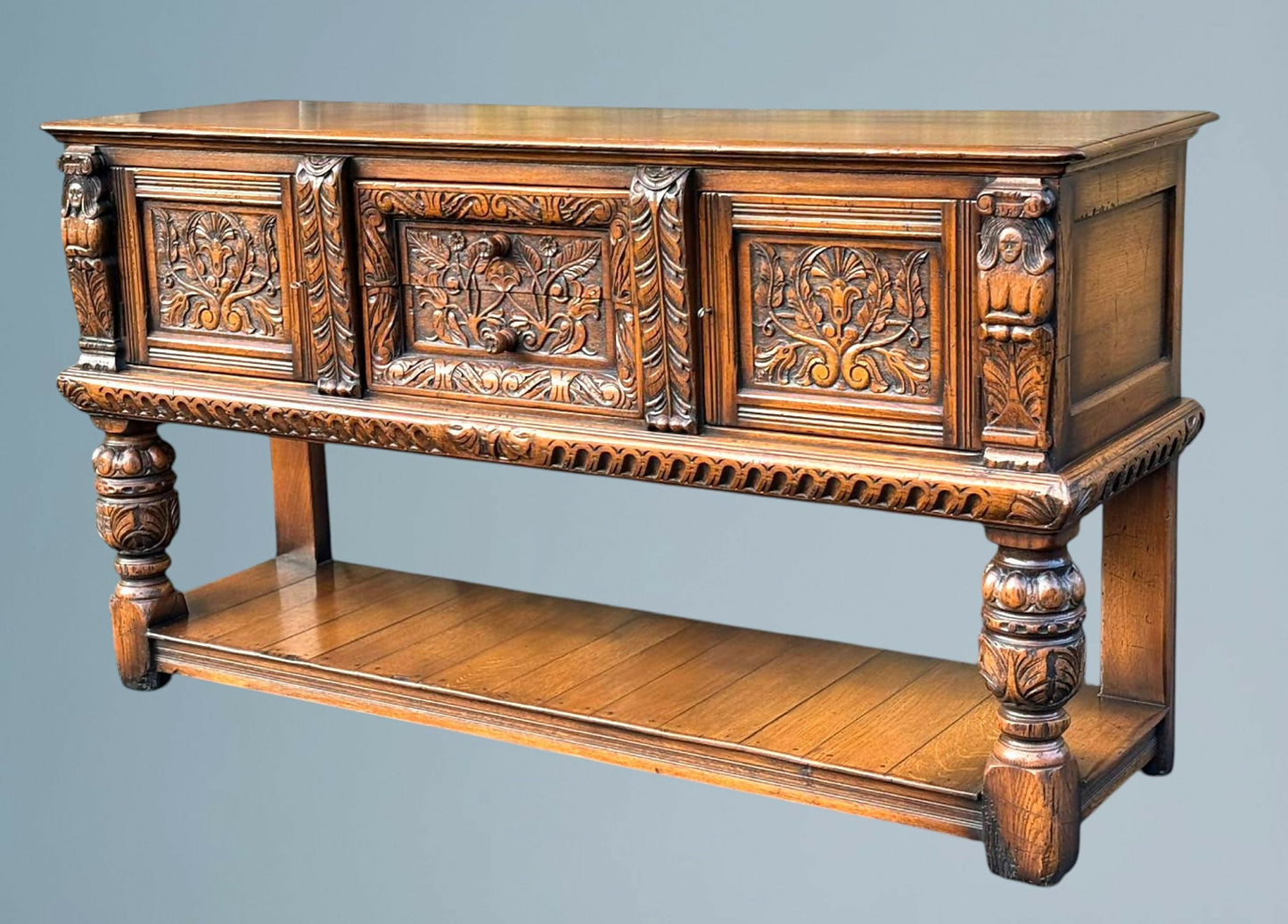Antique Elizabethan Style Carved Oak Sideboard