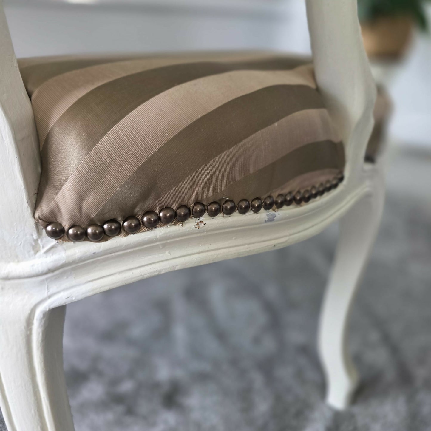 Louis XVl Newly Upholstered Accent Chair Silk Stripe Fabric, White Painted Frame