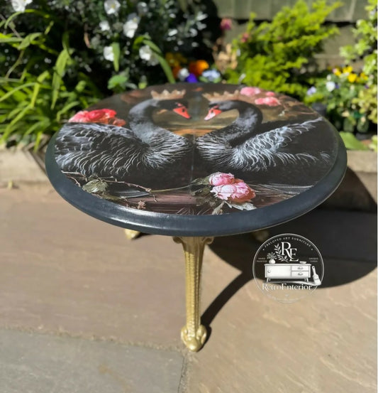 🖤 Midnight Swan Floral Side Table – Handcrafted Statement Piece 🖤