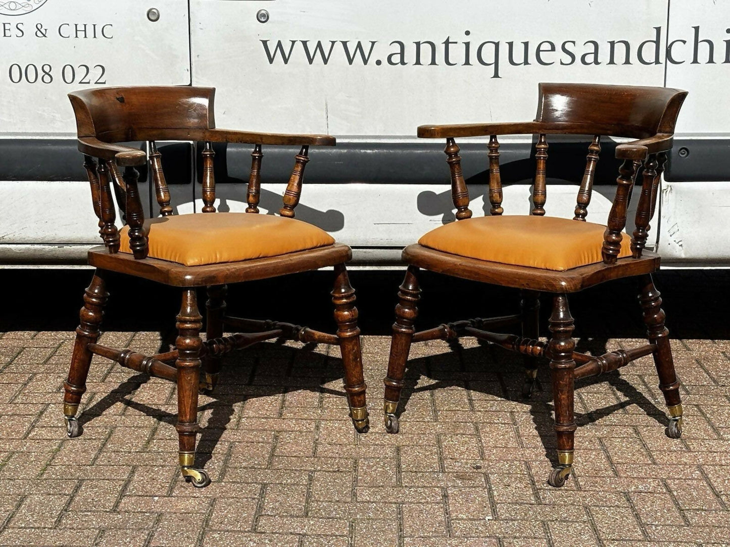 Victorian Vintage Pair Of Library Armchairs, On Brass Castors, Good Quality Examples.