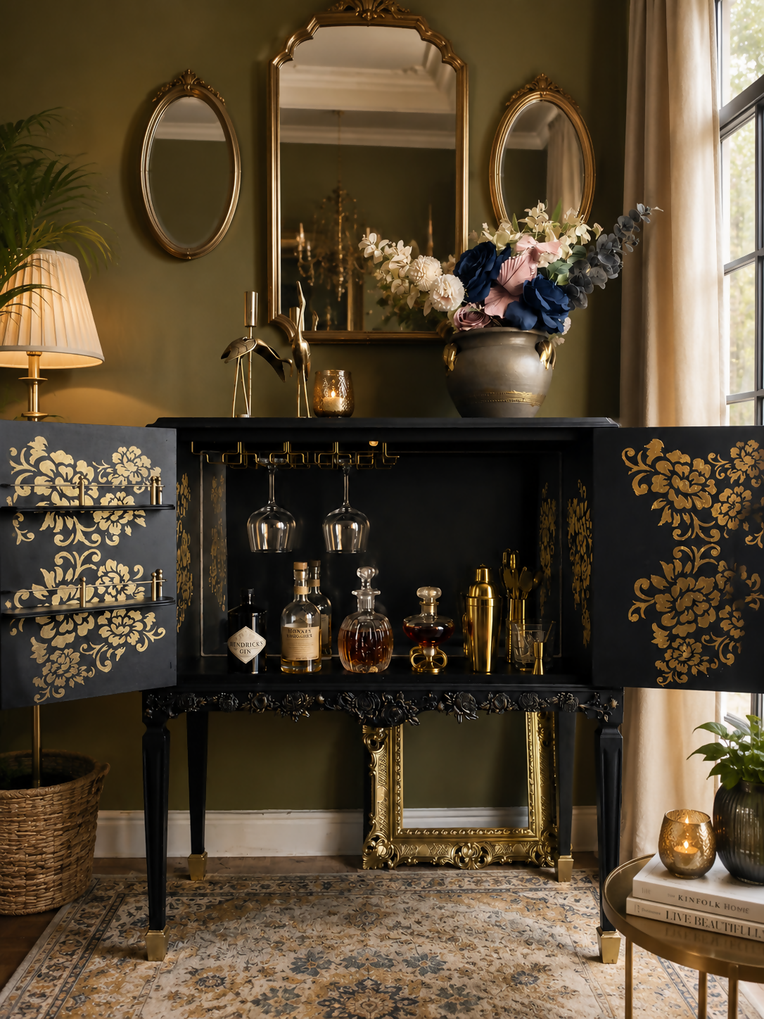 The Fleur Noire Cocktail Cabinet | Luxury Satin Black & Gold French Style Drinks Cabinet