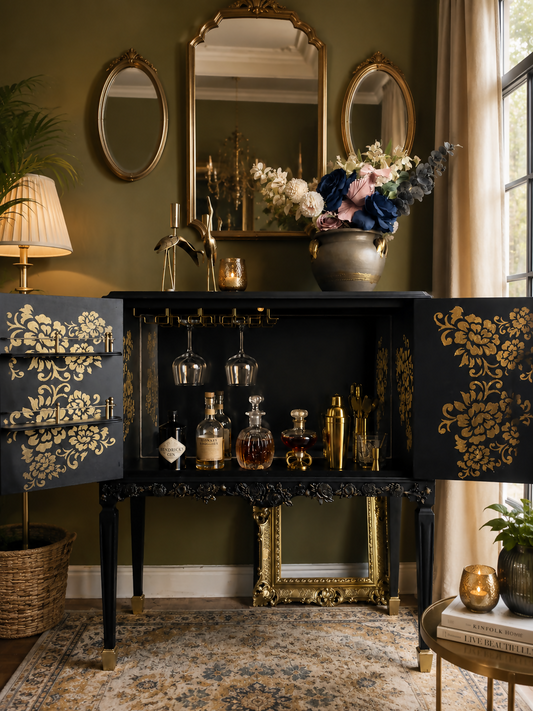 The Fleur Noire Cocktail Cabinet | Luxury Satin Black & Gold French Style Drinks Cabinet