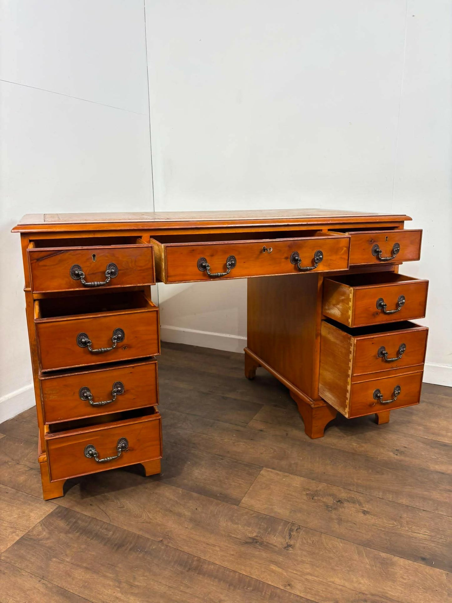 Reproduction Yew Twin Pedestal Desk with Leather Top