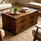Handmade Vintage Coffee Table, Rustic Drawer Chest, Bridle Leather, English Steamer Style, Solid Hardwood