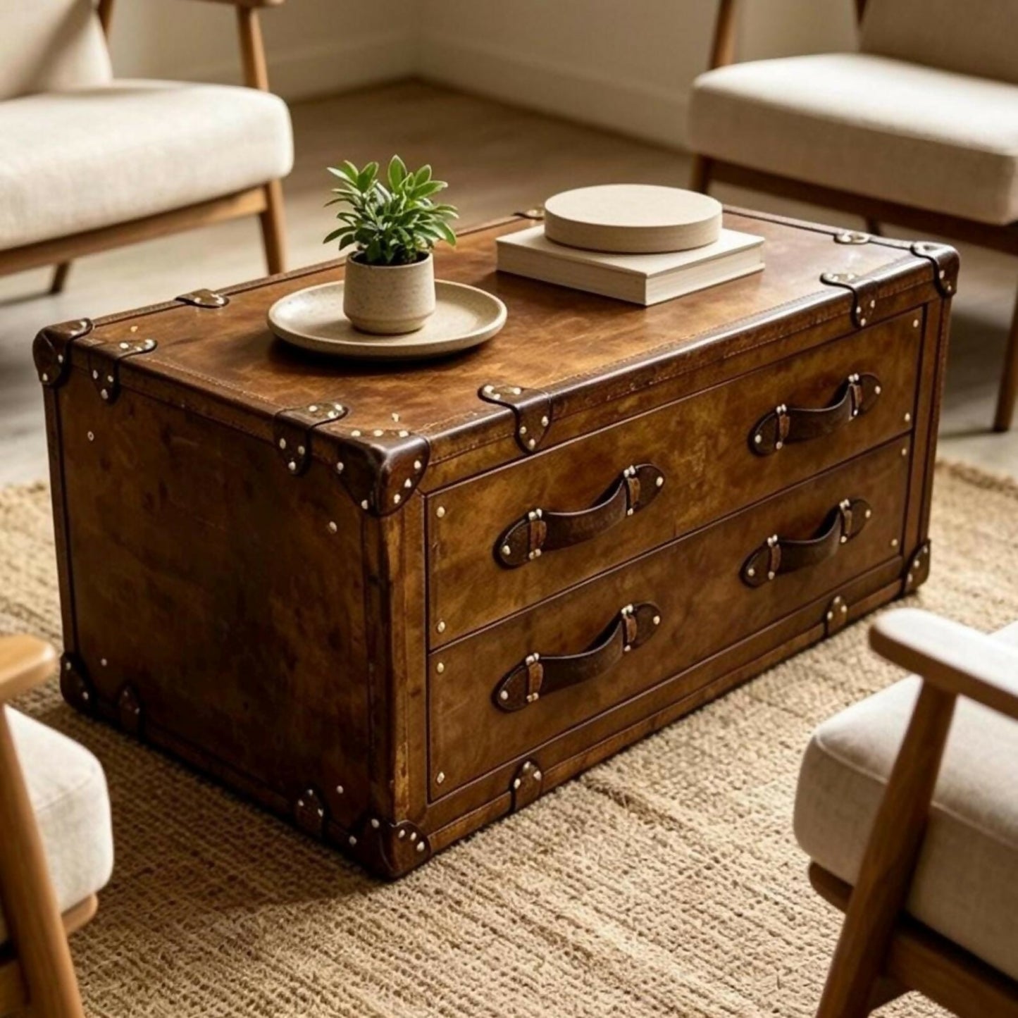 Handmade Vintage Coffee Table, Rustic Drawer Chest, Bridle Leather, English Steamer Style, Solid Hardwood