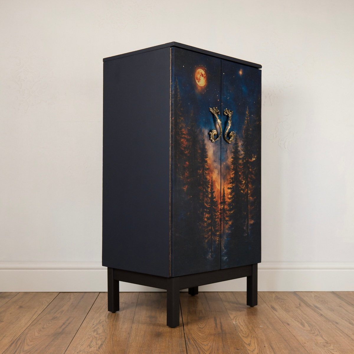 Upcycled Celestial Forest Music Cabinet, Midnight Blue Storage Cupboard