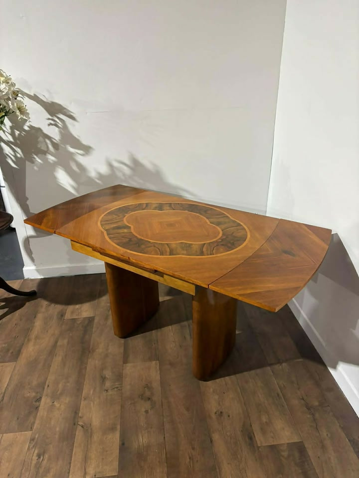 Art Deco Inlaid Walnut Draw Leaf Dining Table