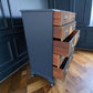 Vintage art deco navy blue walnut burr wood chest of drawers tallboy
