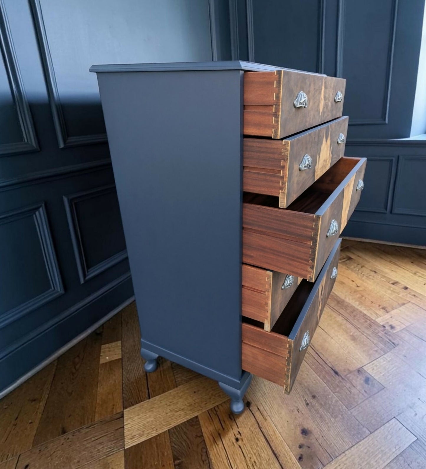 Vintage art deco navy blue walnut burr wood chest of drawers tallboy