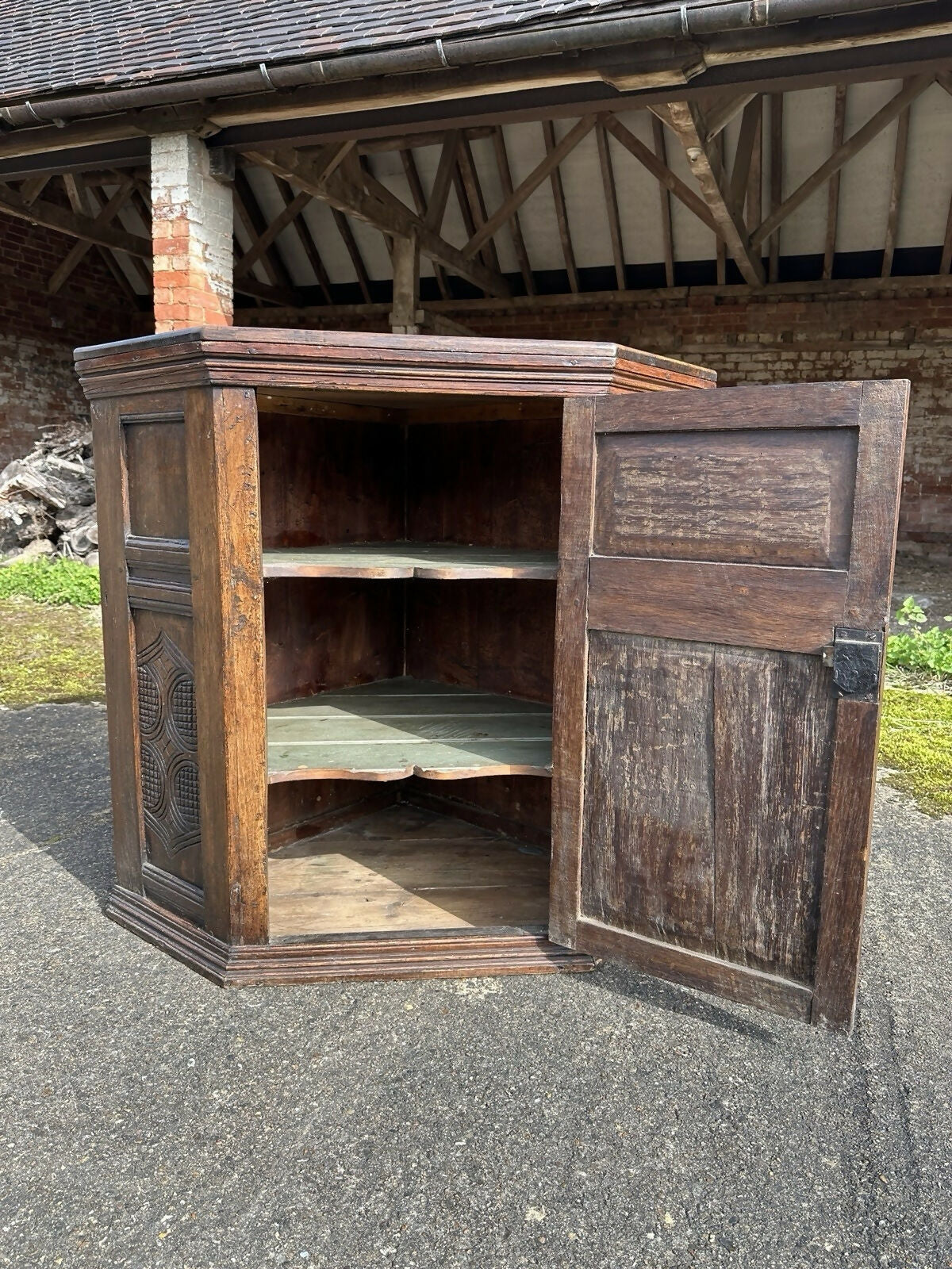 Antique Ecclesiastical Carved Oak Corner Kitchen Pantry Storage Cupboard