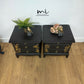 Matt Black Stag Minstrel bedside tables with gold floral and bird design. vintage nightstands. Teatray
