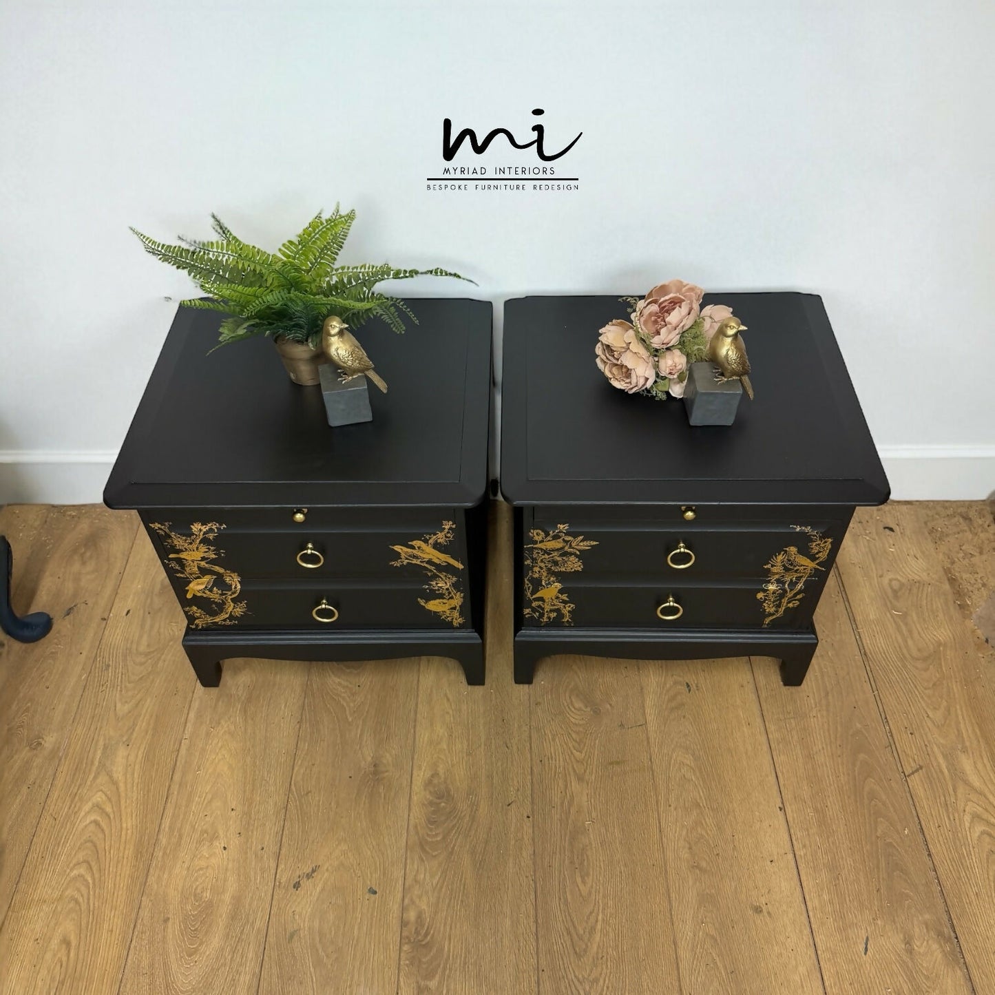 Matt Black Stag Minstrel bedside tables with gold floral and bird design. vintage nightstands. Teatray