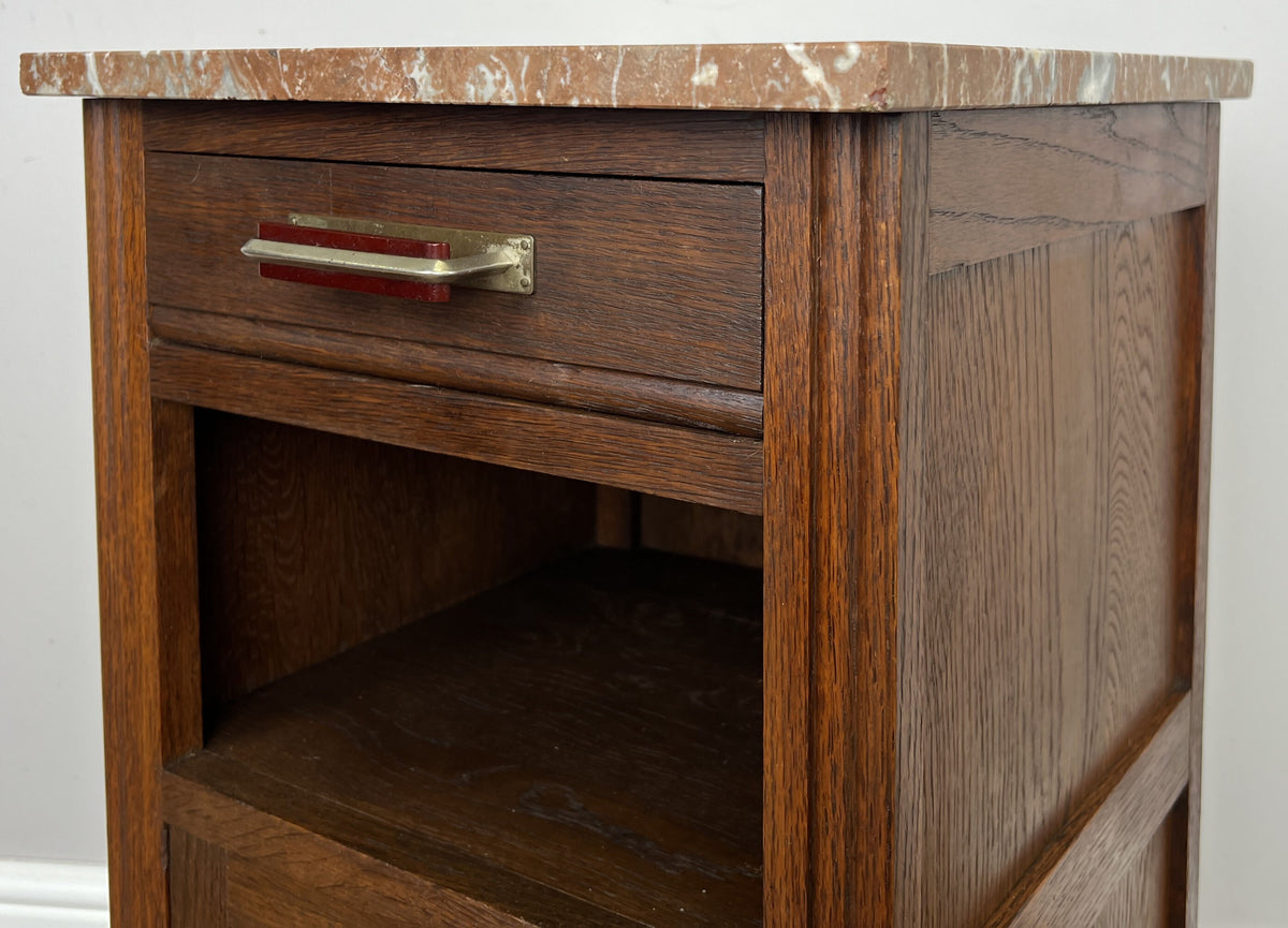 Bedside Table Antique French Style Oak Carved Marble Top Cabinet LOT 6601