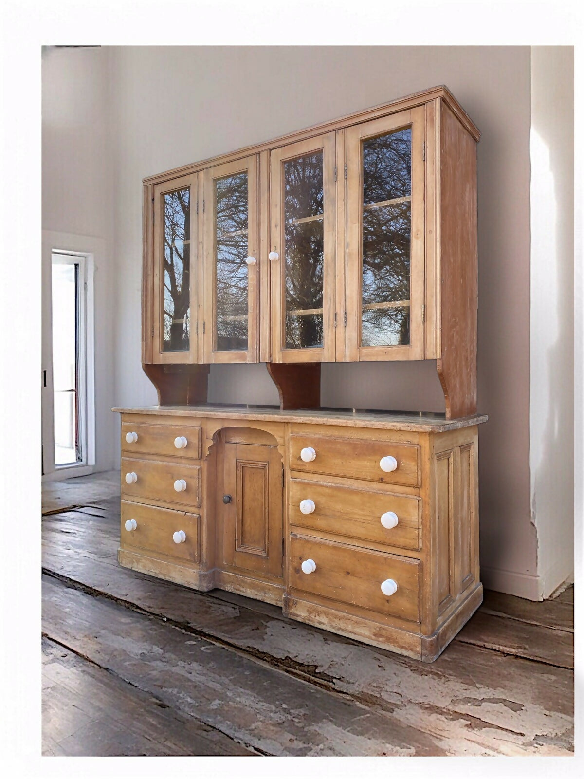 Large Antique Victorian Pine Glazed Dresser Housekeepers Cupboard