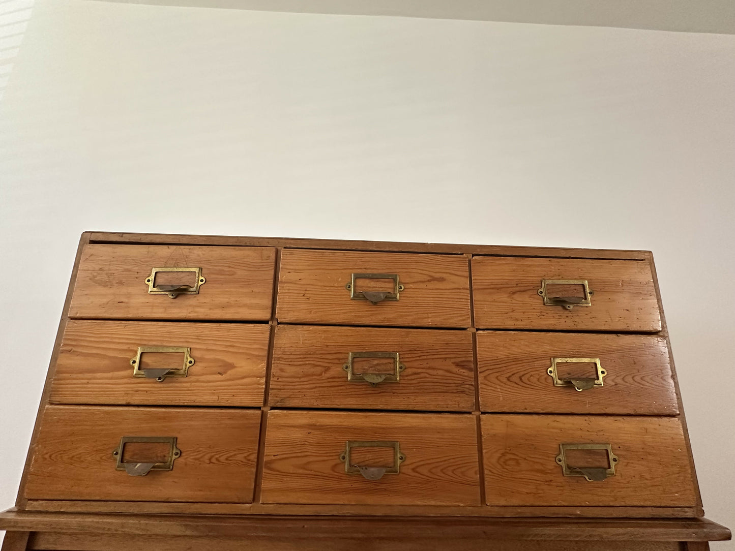 Vintage Pine 9 Drawer Apothecary Cabinet Antique Haberdashery Chest Brass Label Holders Industrial Storage Unit Mid Century Filing Drawers