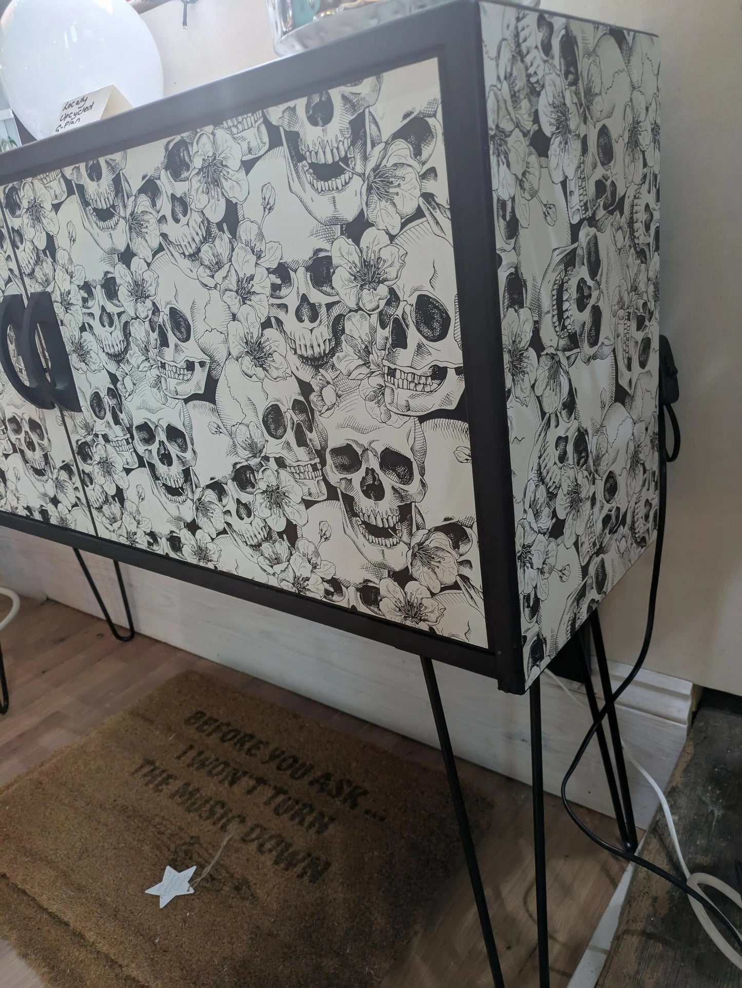 G plan Sideboard Drinks Cocktail Cabinet Black And White Skull Print Painted Upcycled Furniture Commission Piece