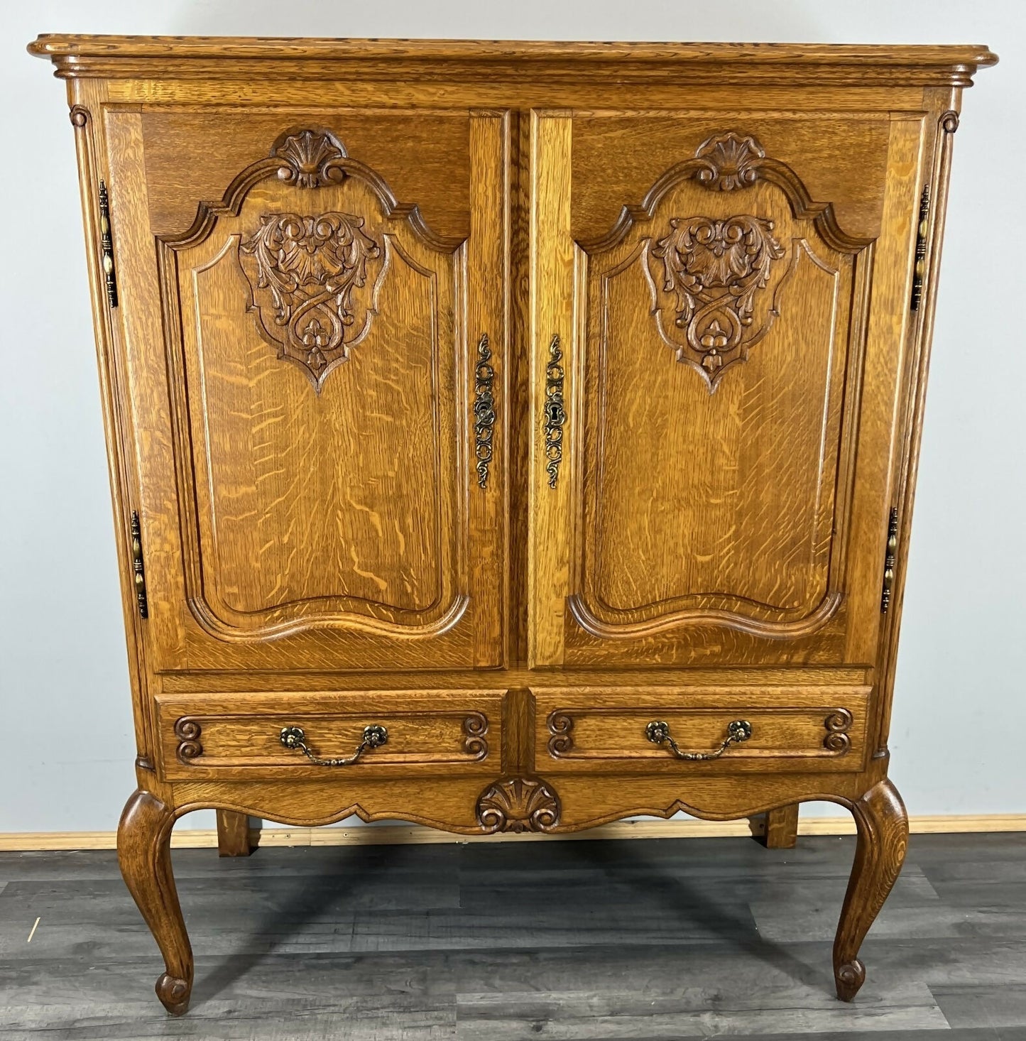Cabinet Vintage French Louis XVI Oak Carved Cupboard with 2 Drawers LOT 4460