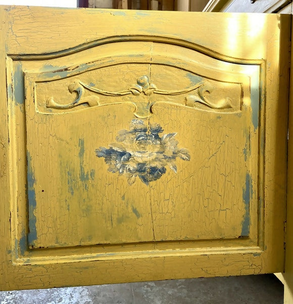 Sideboard Cupboard Yellow with Blue Roses