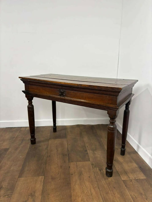 Antique Rustic Oak Side Table – Lift-Up Lid, Unique Construction