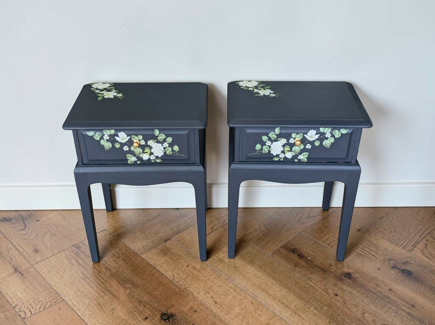 Vintage Stag minstrel navy blue bedside tables pair