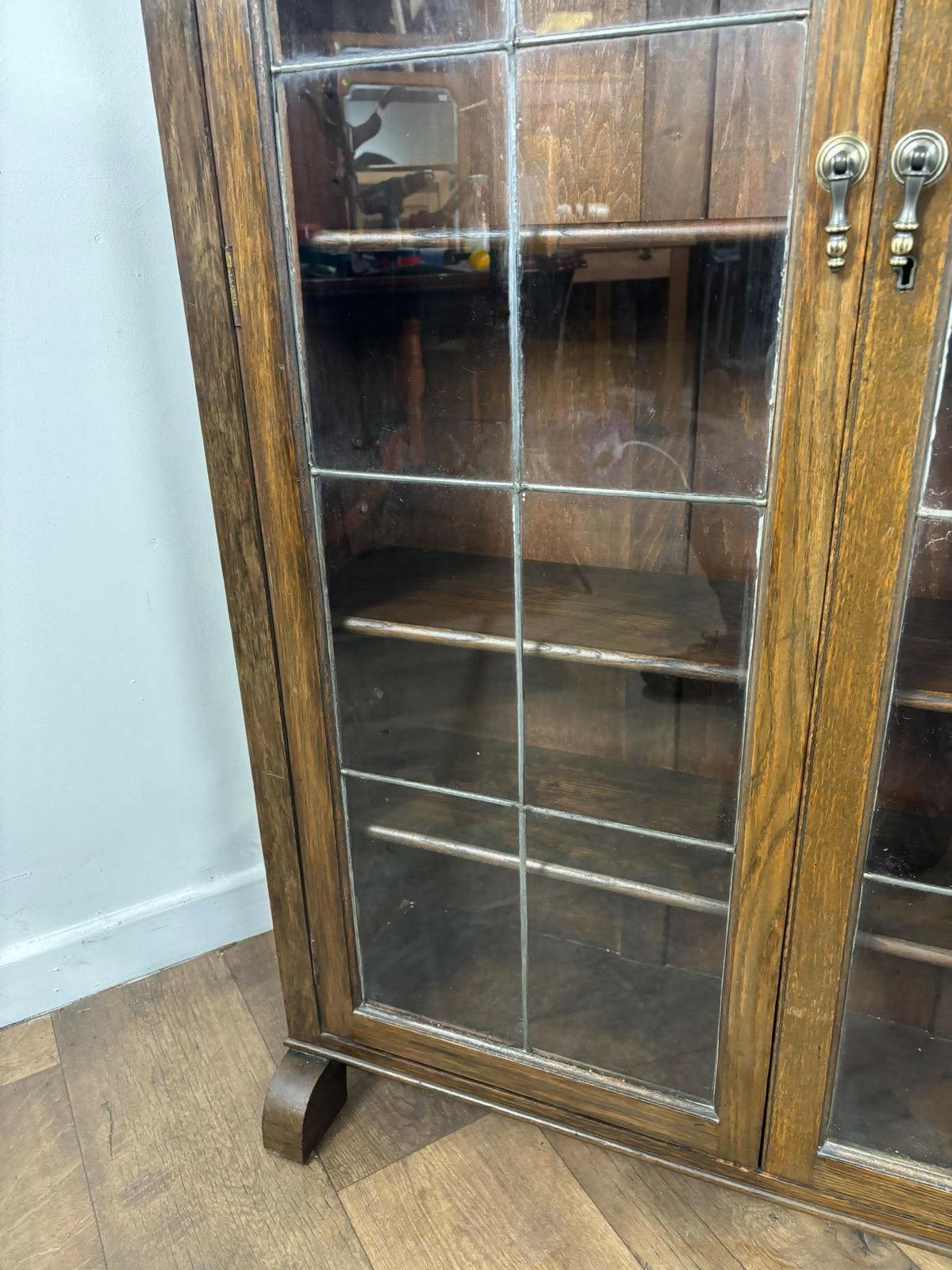 Art Deco Style Oak Leaded Glass Bookcase / Display Cabinet