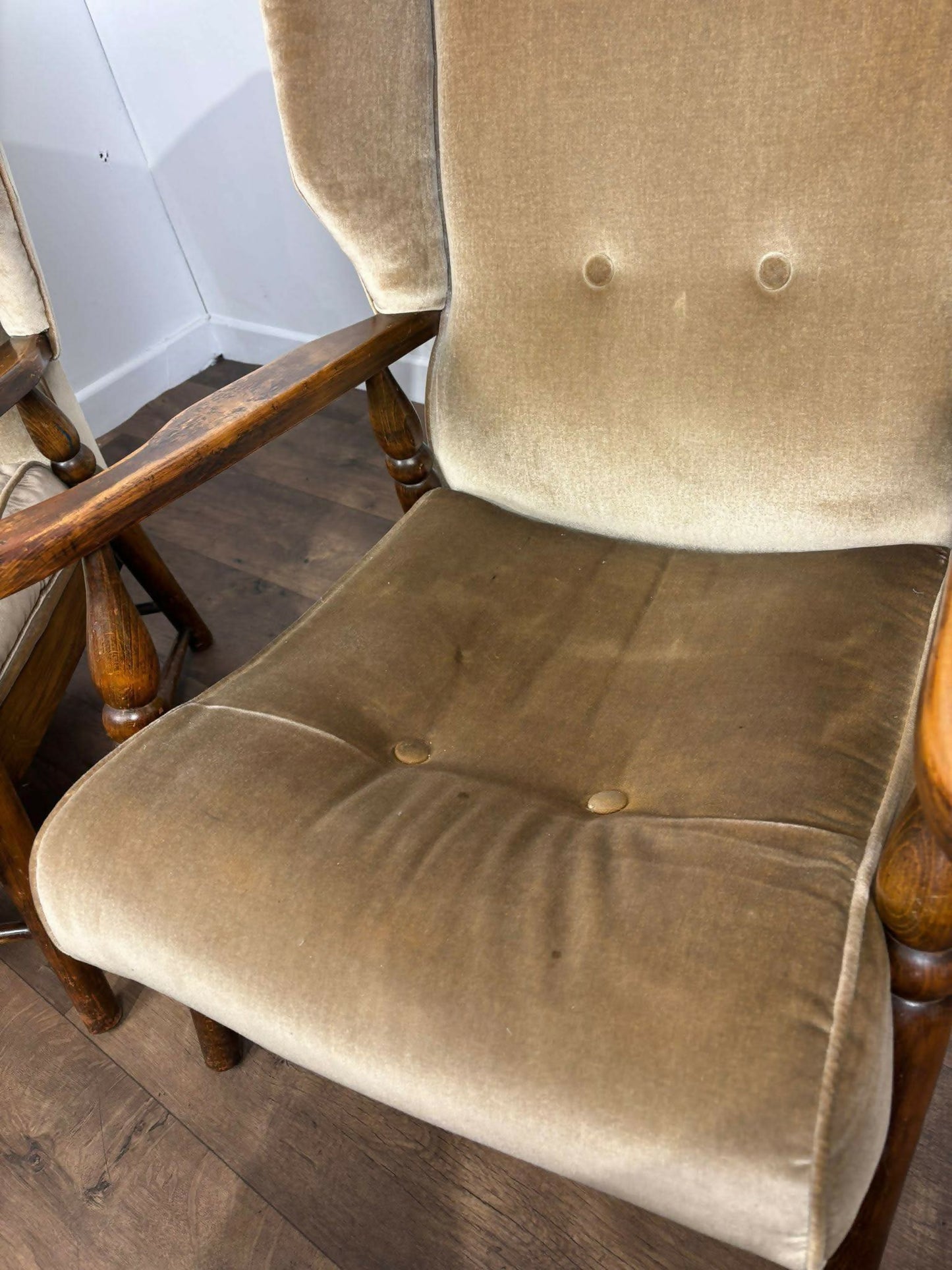 Vintage Pair Of Oak Framed Wing Back Armchairs