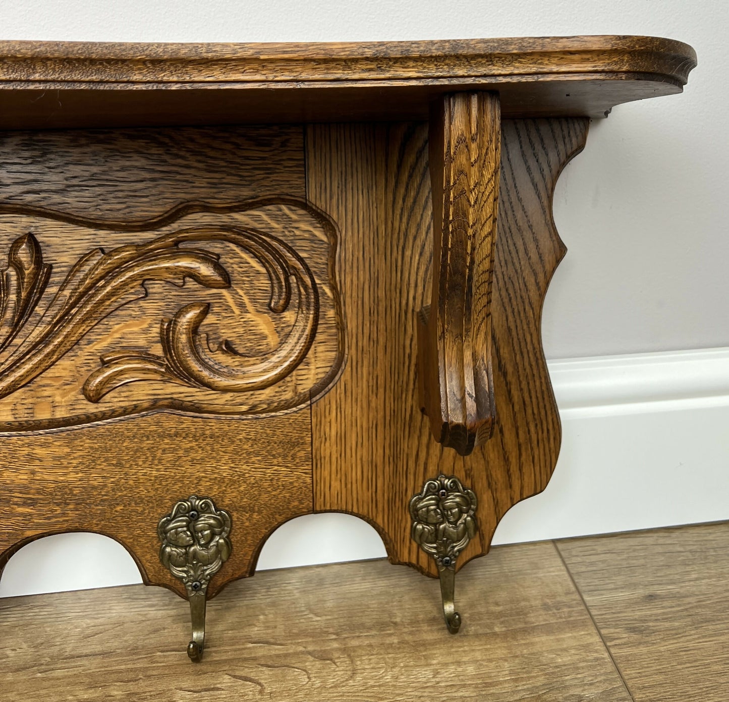 Coat Rack Vintage French Oak Wall Mounted 6 Hooks Carved Rack Hanger LOT 6202
