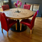 Original, Bespoke made Solid Cable Reel Round Dining Table, with four Bespoke made Dark Fuchsia Chairs