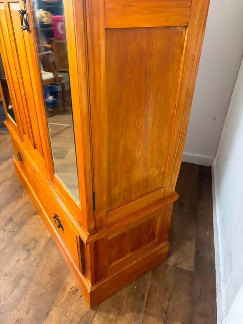 Edwardian Stripped Satinwood Double Mirror Door Wardrobe